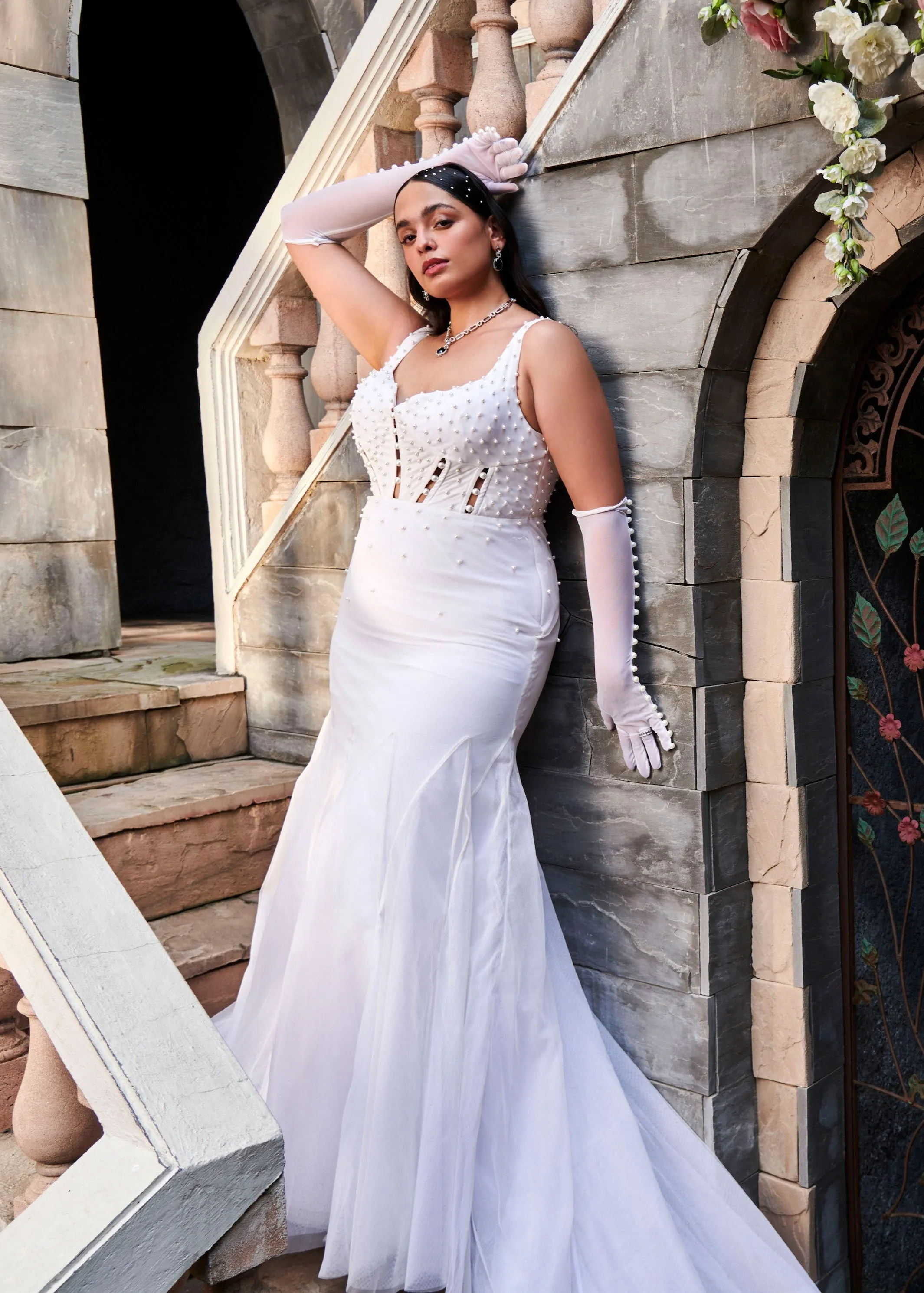 Cecilia White Pearl Embroidered Corset Gown