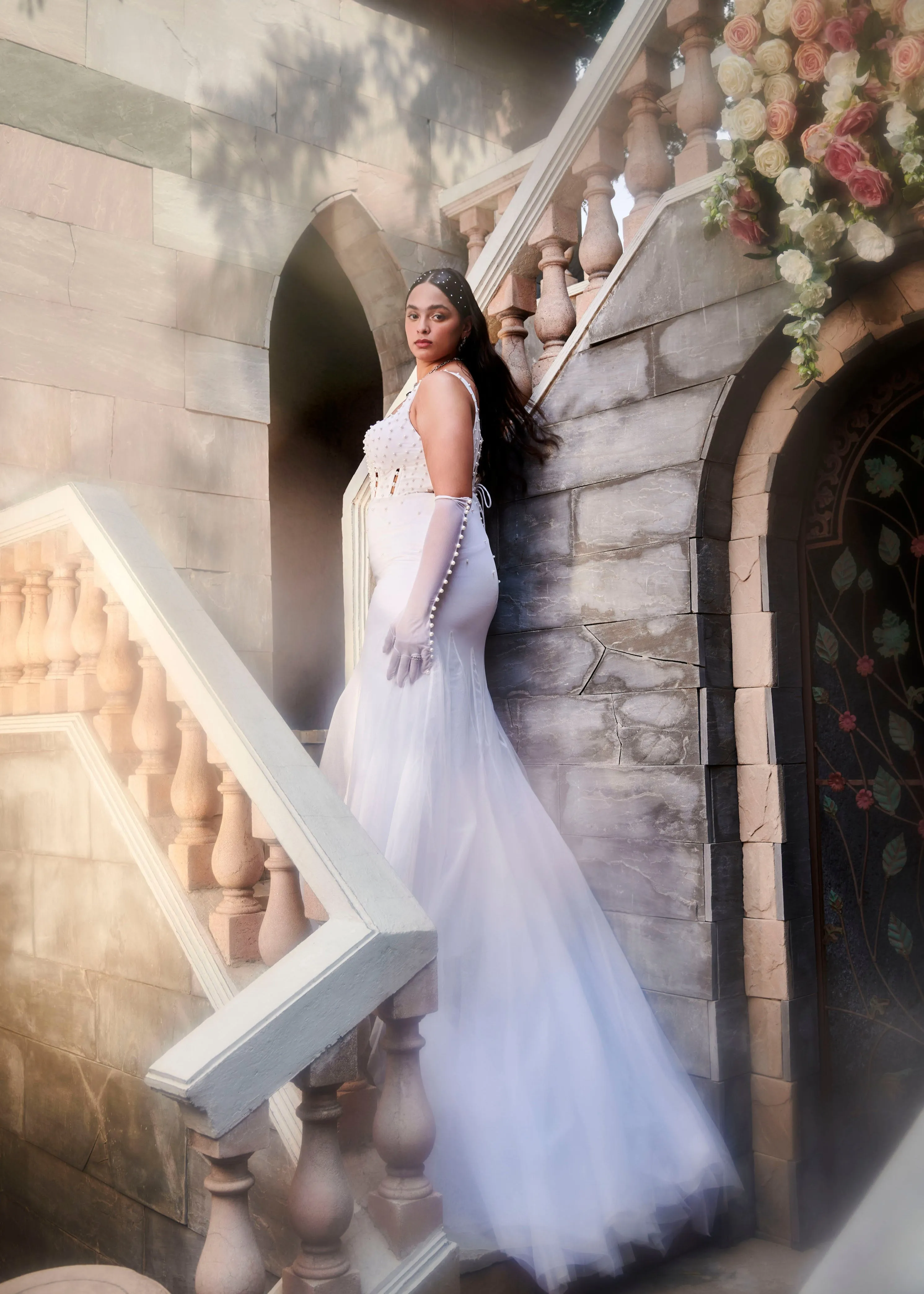 Cecilia White Pearl Embroidered Corset Gown
