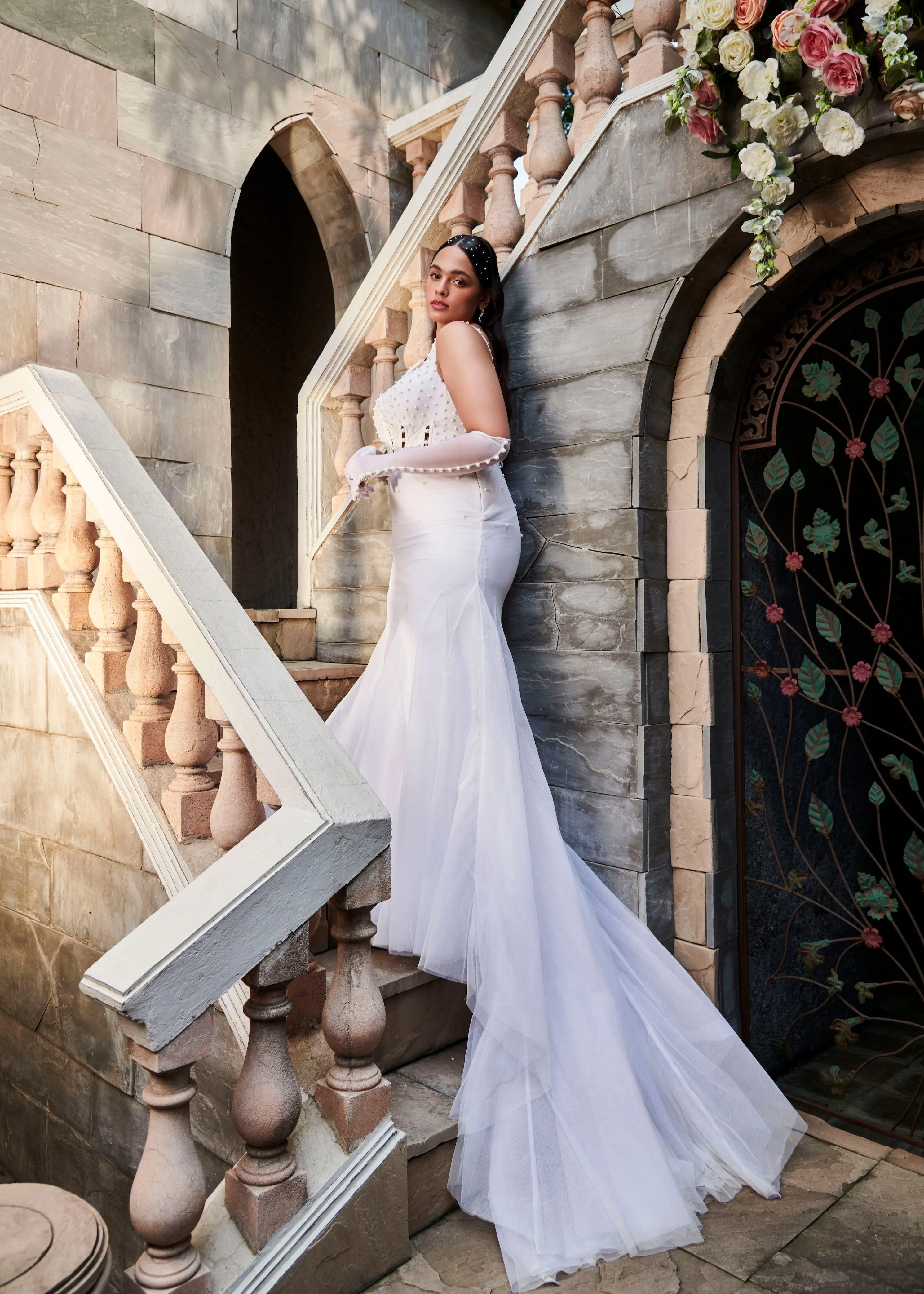 Cecilia White Pearl Embroidered Corset Gown