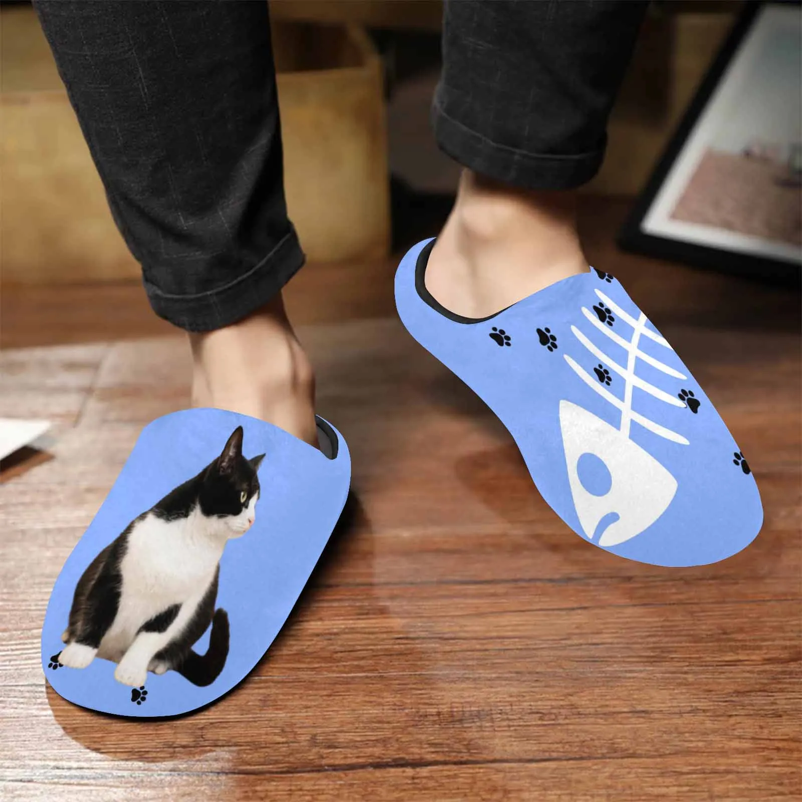 Couple Gift Custom Pet Face Cat Bone All Over Print Personalized Non-Slip Cotton Slippers For Girlfriend Boyfriend