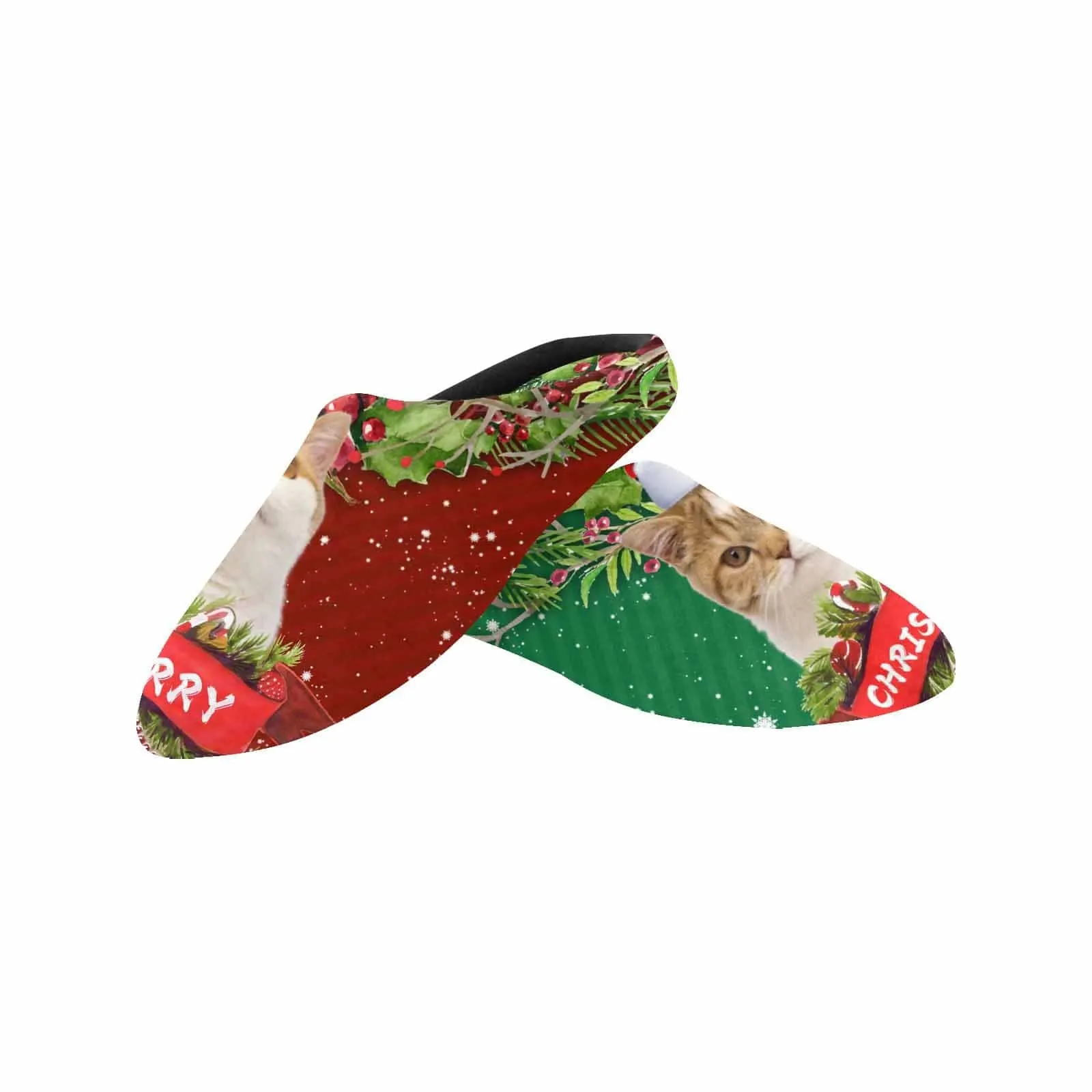 Couple Gift Red Green Custom Pet Cat Photo All Over Print Personalized Non-Slip Cotton Slippers For Girlfriend Boyfriend