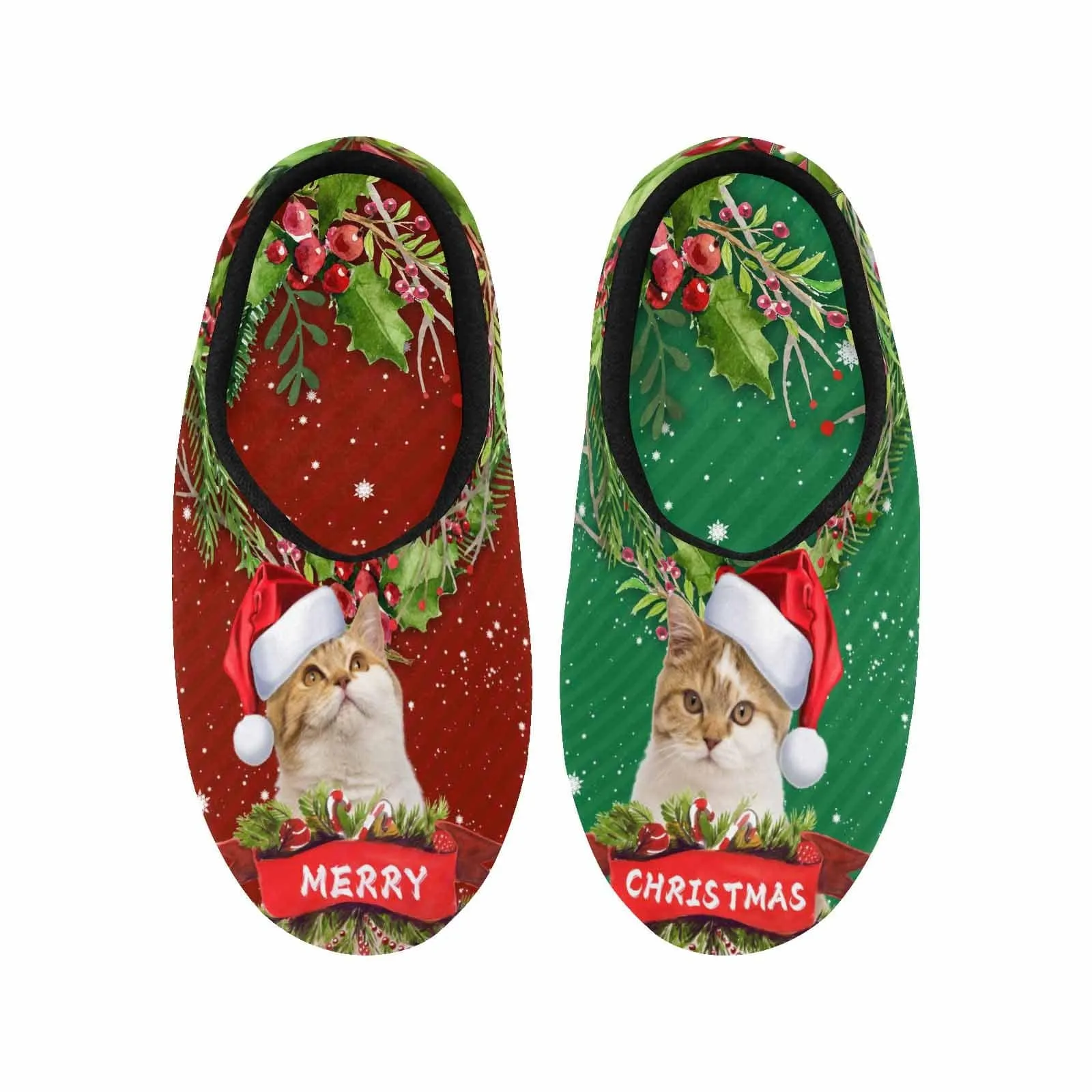 Couple Gift Red Green Custom Pet Cat Photo All Over Print Personalized Non-Slip Cotton Slippers For Girlfriend Boyfriend