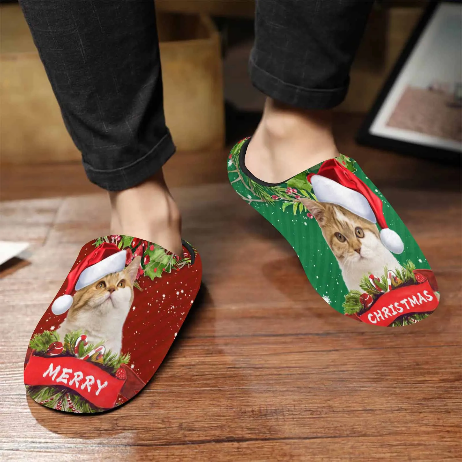 Couple Gift Red Green Custom Pet Cat Photo All Over Print Personalized Non-Slip Cotton Slippers For Girlfriend Boyfriend