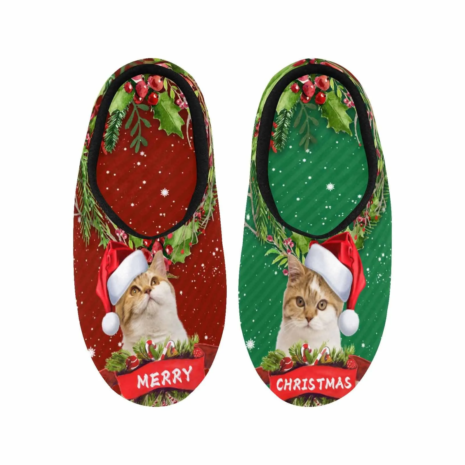 Couple Gift Red Green Custom Pet Cat Photo All Over Print Personalized Non-Slip Cotton Slippers For Girlfriend Boyfriend