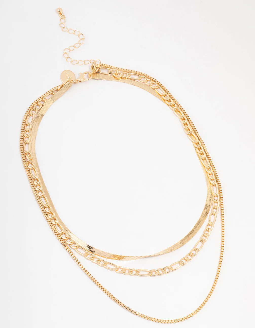 Gold 3 Row Snake Chain & Link Necklace