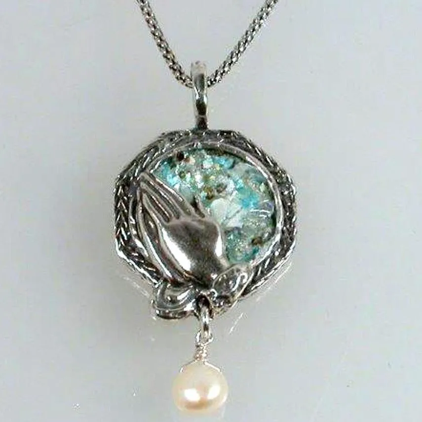 Holy Land Cross Necklace Ancient Roman Glass and a Pearl