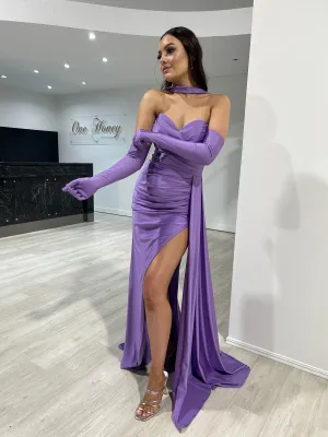 Honey Couture TWYLA Lavender Strapless Silky W/ Gloves Mermaid Formal Dress
