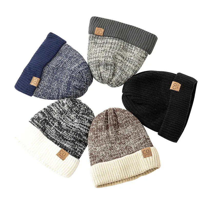 Unisex Two-Tone Warm Beanie Cap Casual Winter Knitted Hats